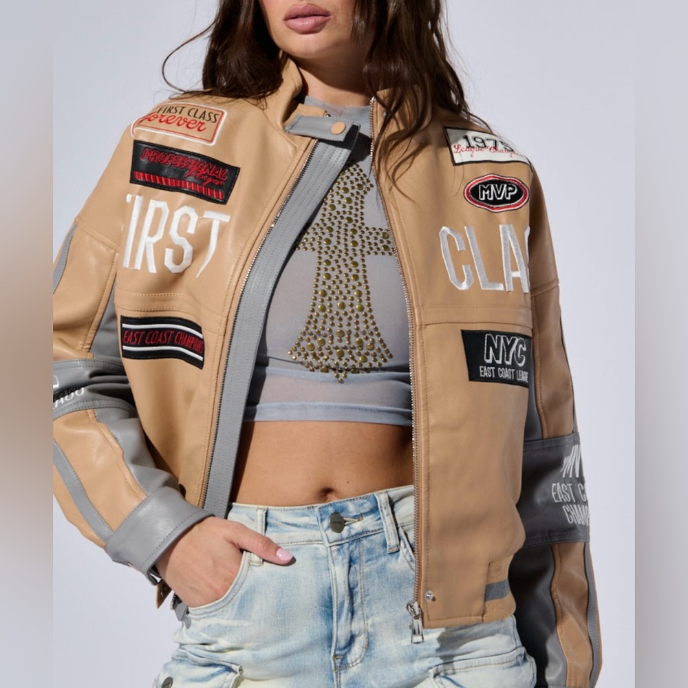 New AKIRA faux leather colorblock embroidered moto jacket size S